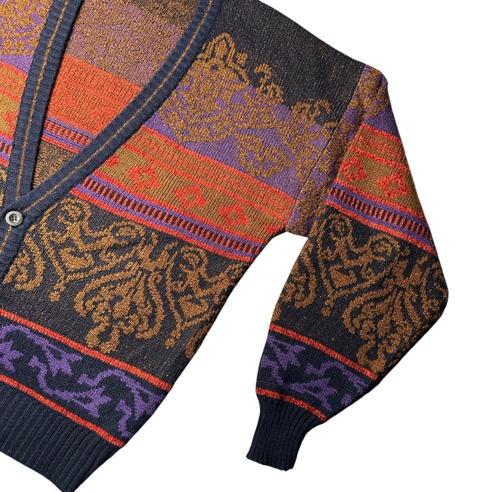 Vintage Geometric Jacquard Cardigan Sweater Navy Purple Orange - Michael Gerald